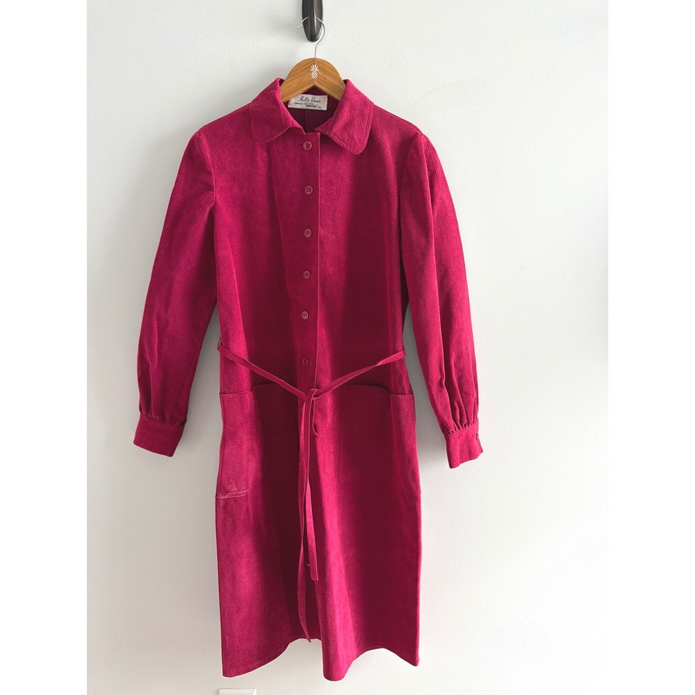Vintage Mollie Parnis Ultron Suede Belted Shirt Dress Raspberry Pink Midi USA